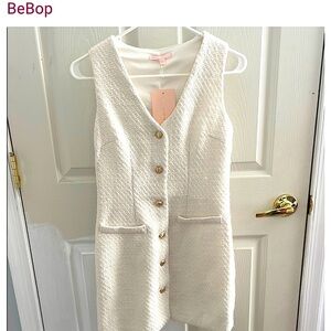 BeBop Ivory Textured V-neck Vest Style Mini Dress (Medium) with Gold Buttons